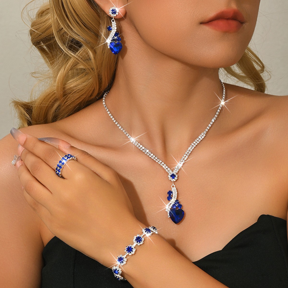 Luxury Full Diamond Jewelry Set for Women – European American Style Necklace Earrings Bracelet Set for Bridal Wedding & Party