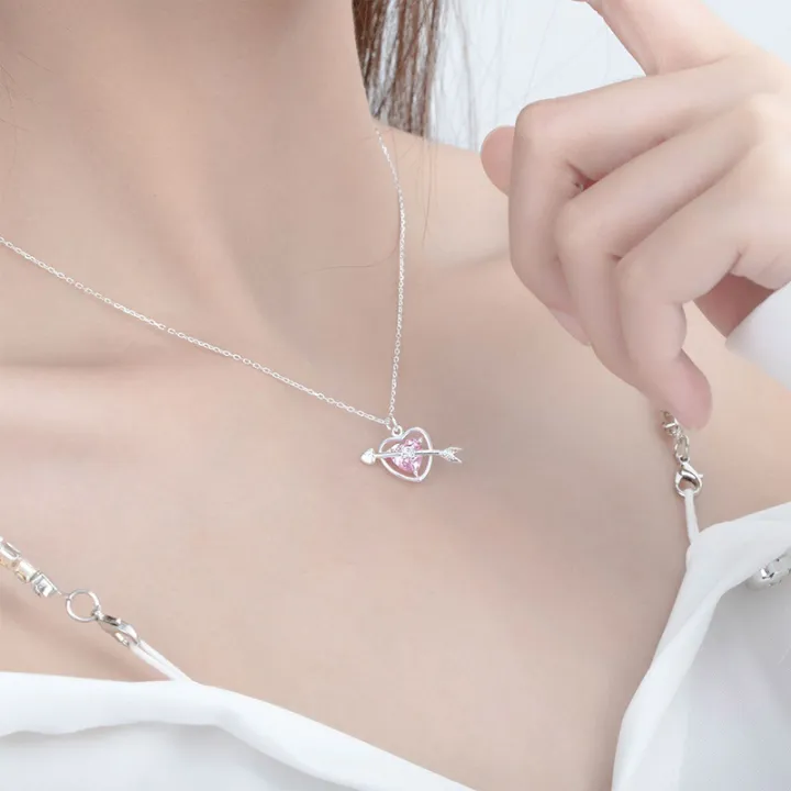 Heart Pink Necklace Light Luxury CZ Inlaid Cupid Arrow Heart Jewelry | Perfect Birthday Gift