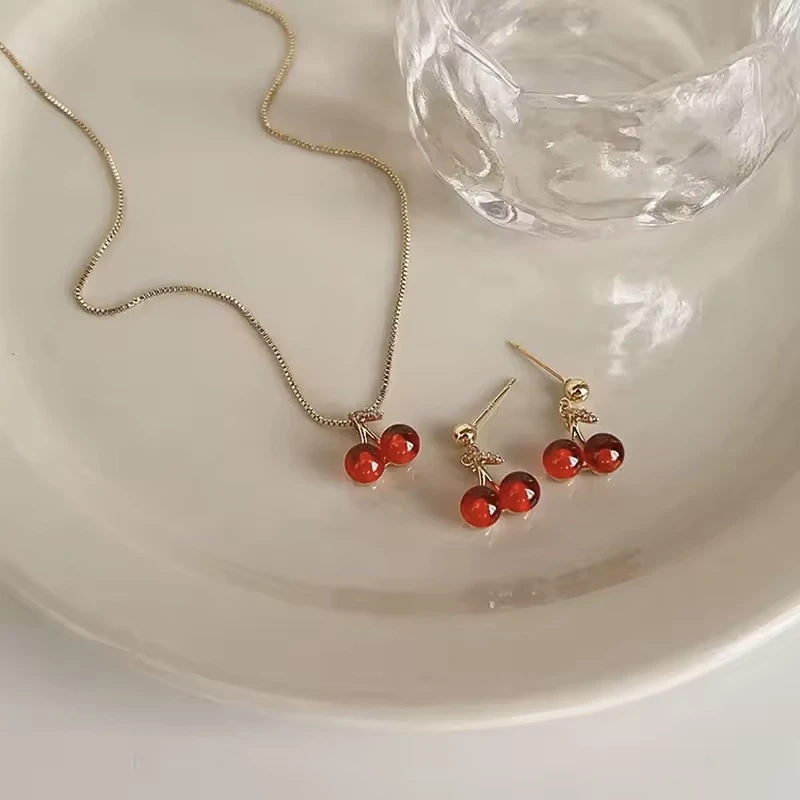 Wine Red Cherry Gold Color Pendant Necklace for Women